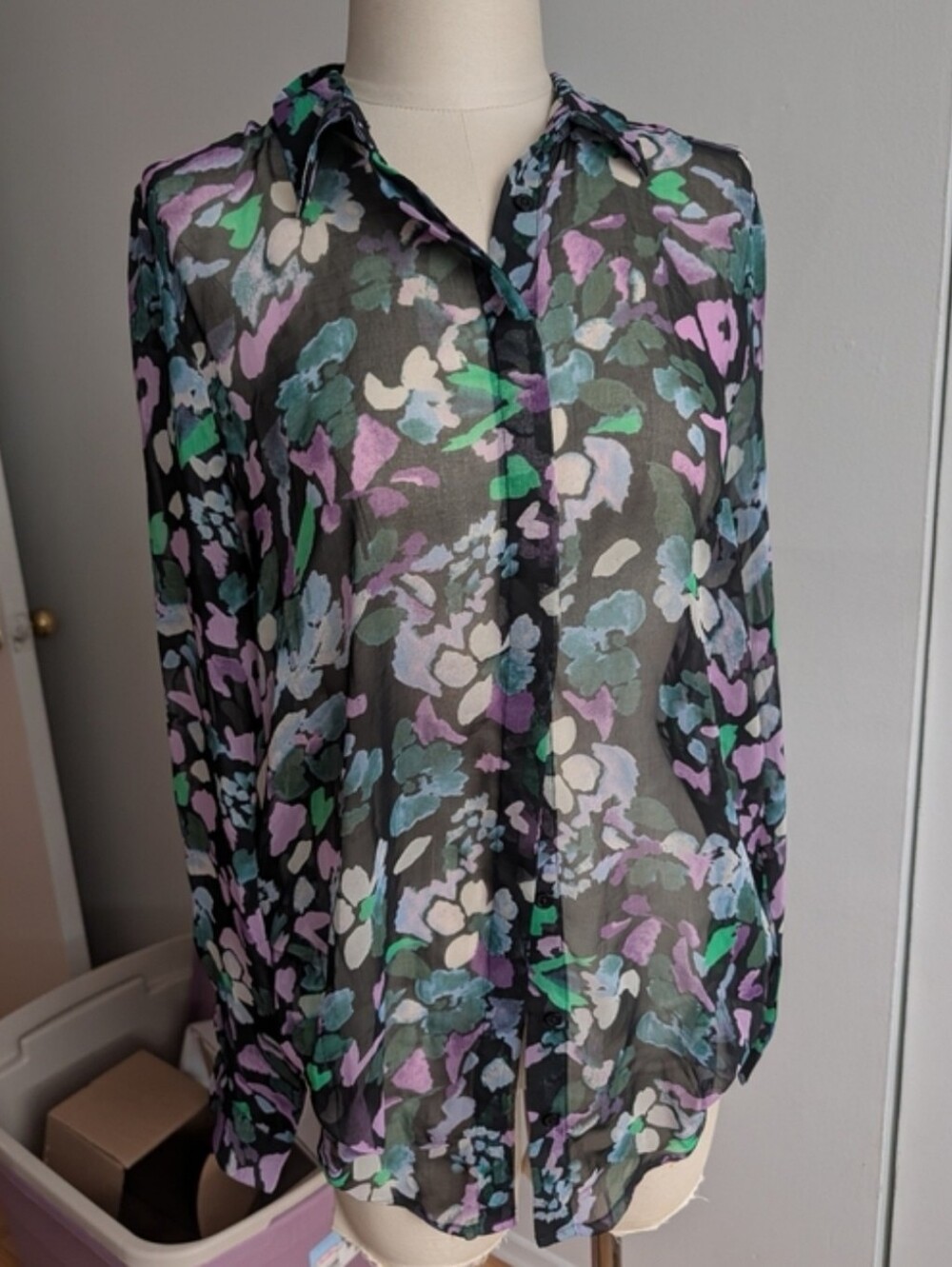 Sheer Floral Button-Up Blouse - Black with Green & Lilac